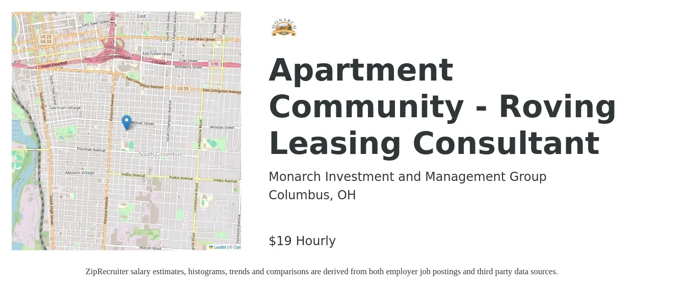 Monarch Investment and Management Group job posting for a Apartment Community - Roving Leasing Consultant in Columbus, OH with a salary of $20 Hourly with a map of Columbus location.