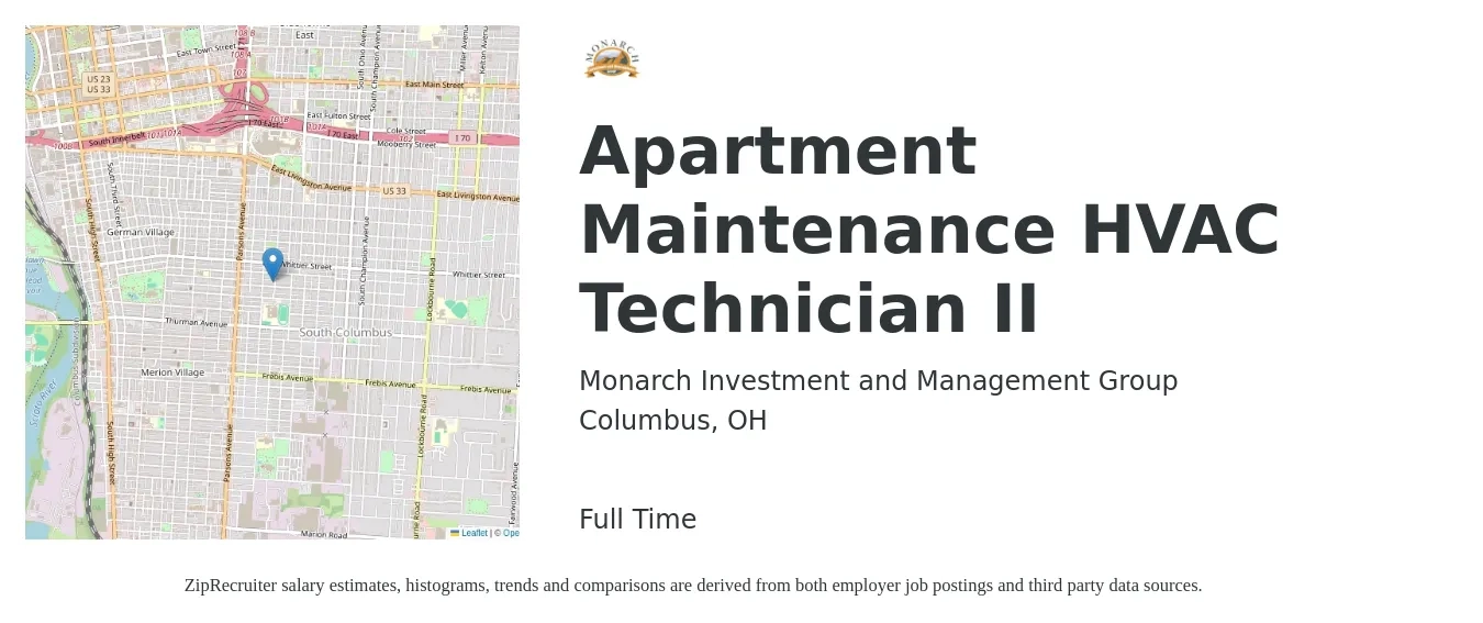 Monarch Investment and Management Group job posting for a Apartment Maintenance HVAC Technician II in Columbus, OH with a salary of $17 to $20 Hourly with a map of Columbus location.