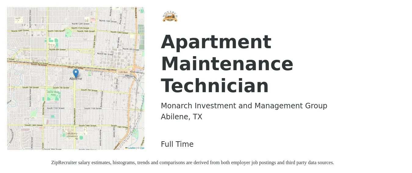 Monarch Investment and Management Group job posting for a Apartment Maintenance Technician in Abilene, TX with a salary of $18 to $22 Hourly with a map of Abilene location.