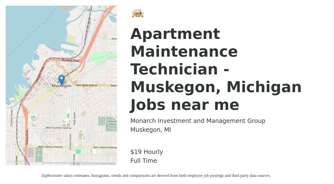 Monarch Investment and Management Group job posting for a Apartment Maintenance Technician - Muskegon, Michigan Jobs near me in Muskegon, MI with a salary of $20 Hourly with a map of Muskegon location.