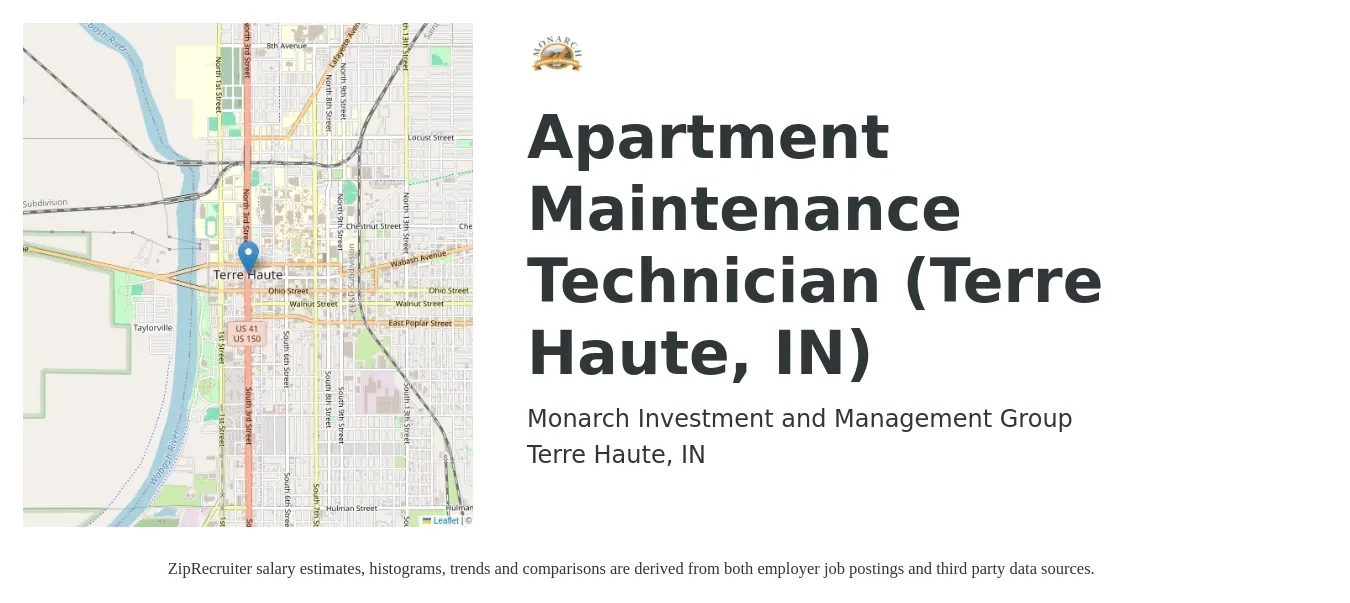Monarch Investment and Management Group job posting for a Apartment Maintenance Technician (Terre Haute, IN) in Terre Haute, IN with a salary of $18 to $22 Hourly with a map of Terre Haute location.