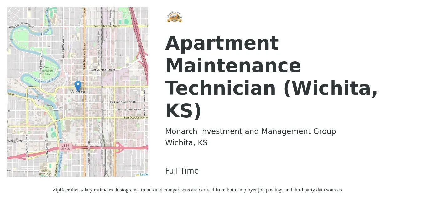 Monarch Investment and Management Group job posting for a Apartment Maintenance Technician (Wichita, KS) in Wichita, KS with a salary of $18 to $21 Hourly with a map of Wichita location.