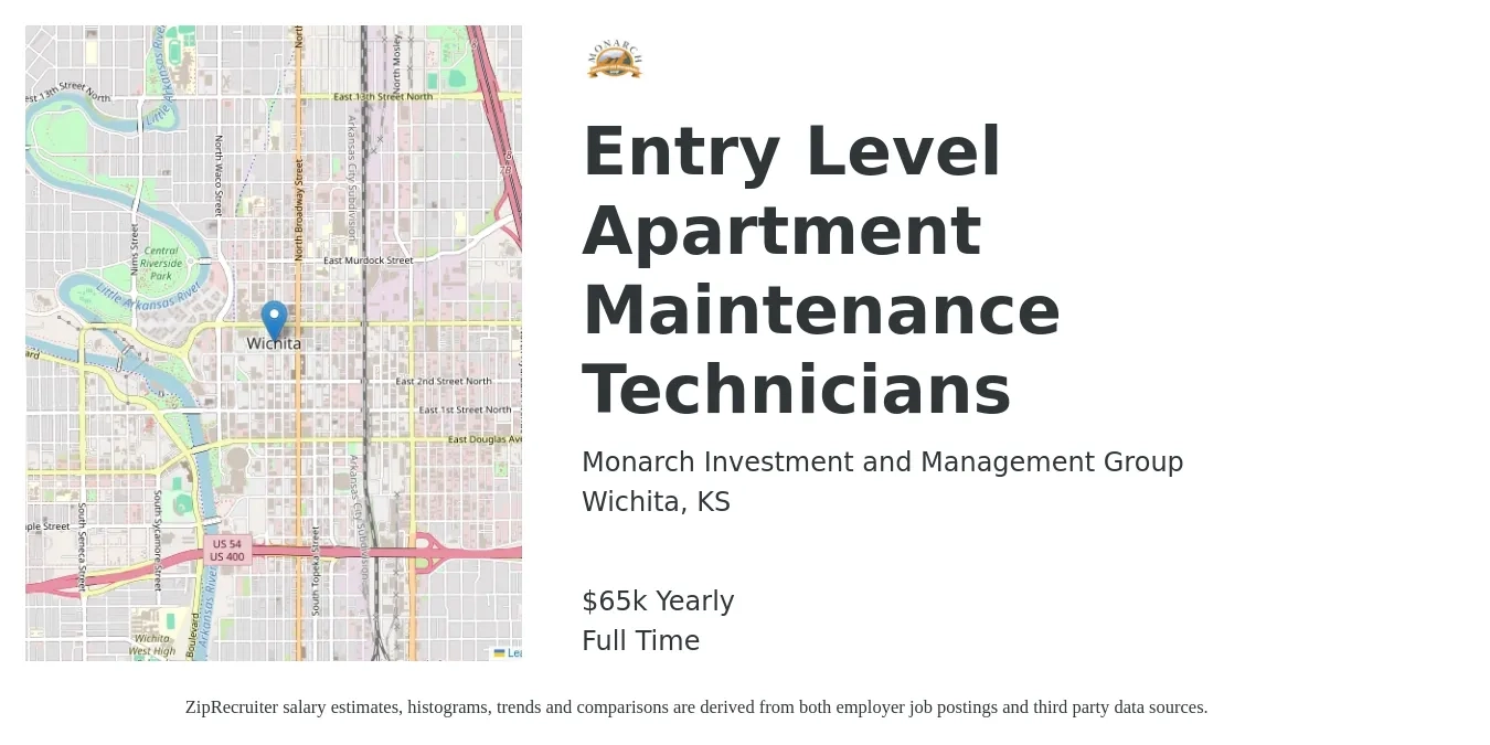 Monarch Investment and Management Group job posting for a Entry Level Apartment Maintenance Technicians in Wichita, KS with a salary of $65,000 Yearly with a map of Wichita location.