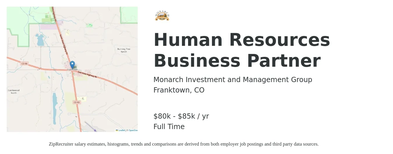 Monarch Investment and Management Group job posting for a Human Resources Business Partner in Franktown, CO with a salary of $80,000 to $85,000 Yearly with a map of Franktown location.