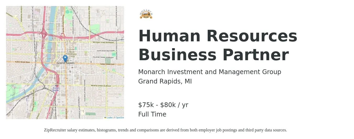 Monarch Investment and Management Group job posting for a Human Resources Business Partner in Grand Rapids, MI with a salary of $75,000 to $80,000 Yearly with a map of Grand Rapids location.