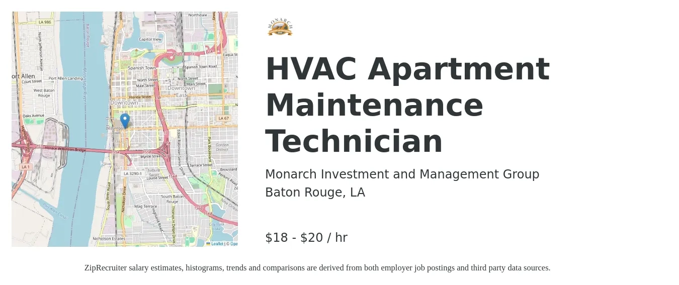 Monarch Investment and Management Group job posting for a HVAC Apartment Maintenance Technician in Baton Rouge, LA with a salary of $18 to $23 Hourly with a map of Baton Rouge location.