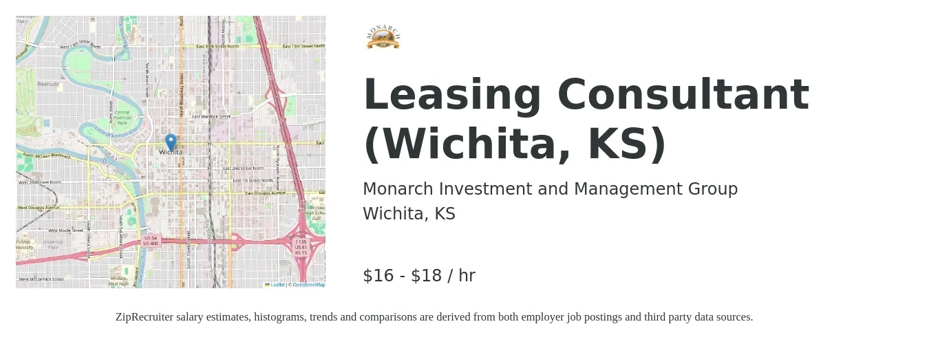 Monarch Investment and Management Group job posting for a Leasing Consultant (Wichita, KS) in Wichita, KS with a salary of $17 to $19 Hourly with a map of Wichita location.