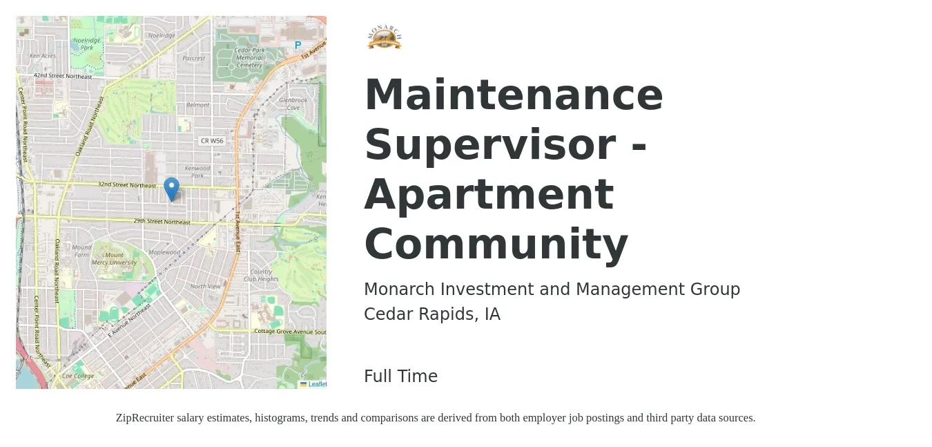 Monarch Investment and Management Group job posting for a Maintenance Supervisor - Apartment Community in Cedar Rapids, IA with a salary of $22 to $28 Hourly with a map of Cedar Rapids location.