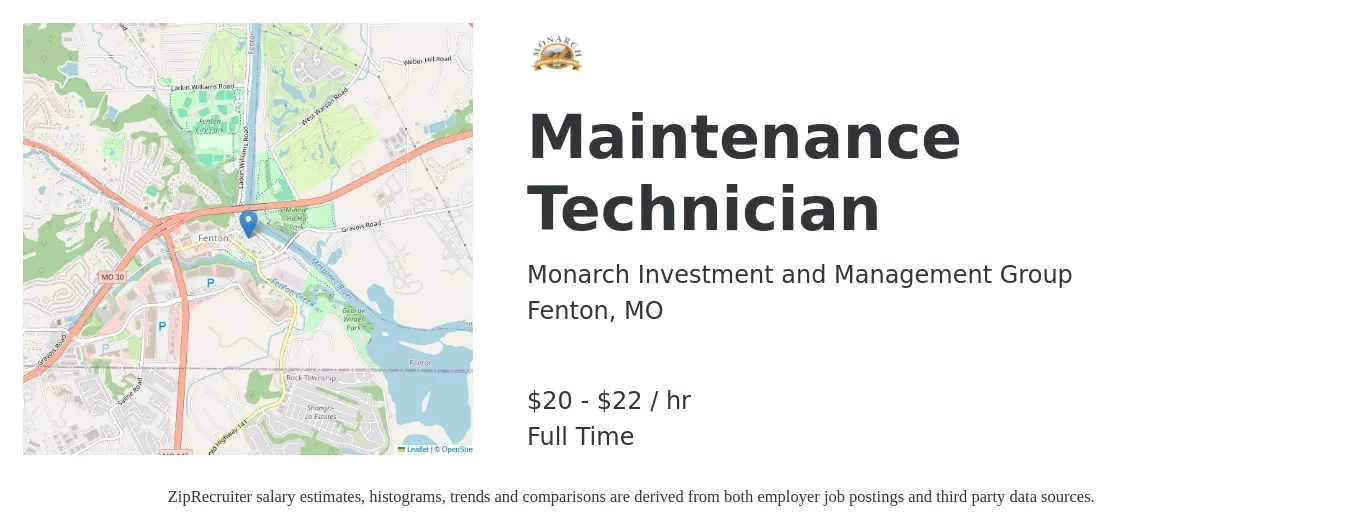 Monarch Investment and Management Group job posting for a Maintenance Technician in Fenton, MO with a salary of $21 to $23 Hourly with a map of Fenton location.
