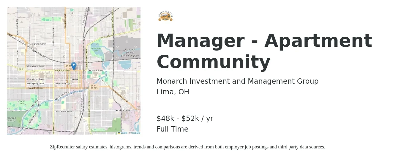 Monarch Investment and Management Group job posting for a Manager - Apartment Community in Lima, OH with a salary of $48,000 to $52,000 Yearly with a map of Lima location.