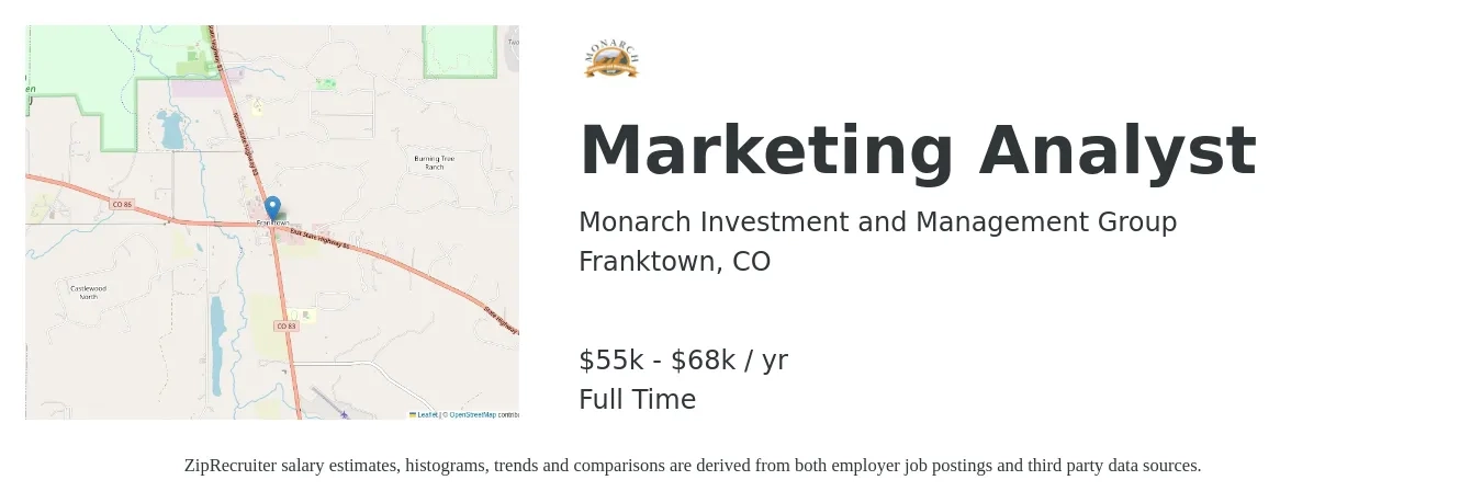 Monarch Investment and Management Group job posting for a Marketing Analyst in Franktown, CO with a salary of $55,000 to $68,000 Yearly with a map of Franktown location.