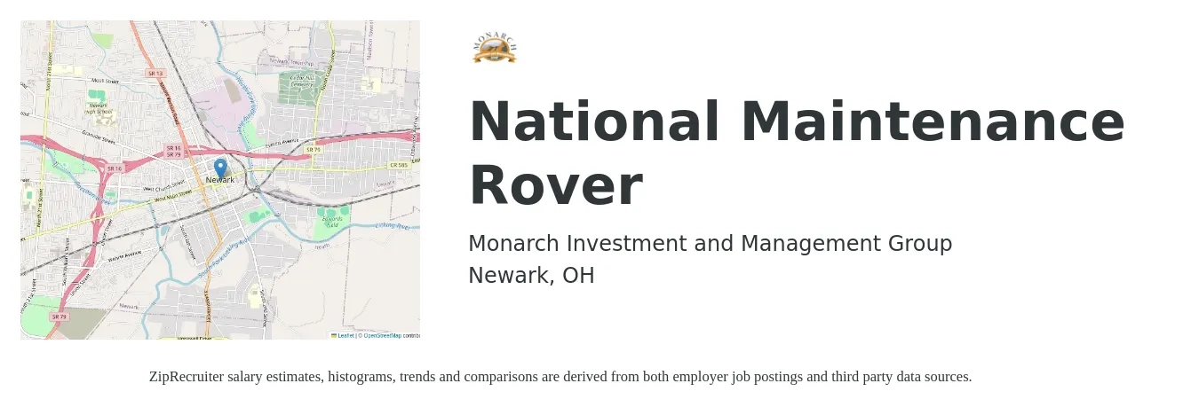 Monarch Investment and Management Group job posting for a National Maintenance Rover in Newark, OH with a salary of $23 to $25 Hourly with a map of Newark location.