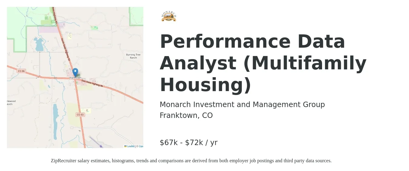 Monarch Investment and Management Group job posting for a Performance Data Analyst (Multifamily Housing) in Franktown, CO with a salary of $67,000 to $72,000 Yearly with a map of Franktown location.