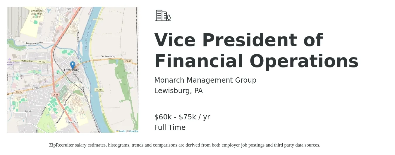Monarch Management Group job posting for a Vice President of Financial Operations in Lewisburg, PA with a salary of $60,000 to $75,000 Yearly with a map of Lewisburg location.
