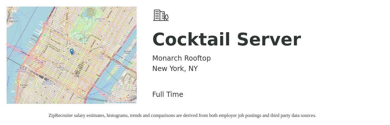 Monarch Rooftop job posting for a Cocktail Server in New York, NY with a salary of $11 to $18 Hourly with a map of New York location.