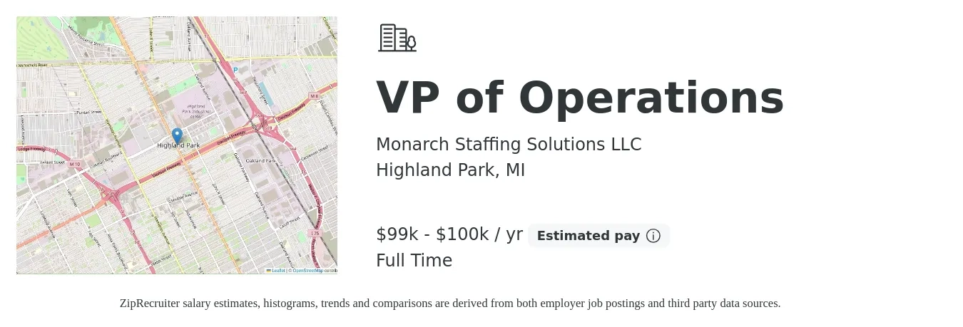 Monarch Staffing Solutions LLC job posting for a VP of Operations in Highland Park, MI with a salary of $99,973 to $100,000 Yearly with a map of Highland Park location.