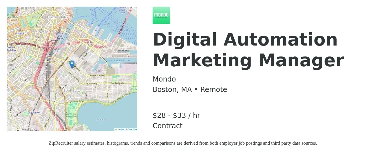 Mondo job posting for a Digital Automation Marketing Manager in Boston, MA with a salary of $30 to $35 Hourly with a map of Boston location.