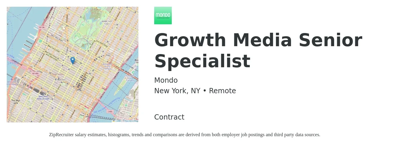 Mondo job posting for a Growth Media Senior Specialist in New York, NY with a salary of $85,300 to $105,600 Yearly with a map of New York location.