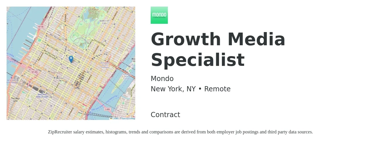 Mondo job posting for a Growth Media Specialist in New York, NY with a salary of $47,000 to $79,300 Yearly with a map of New York location.