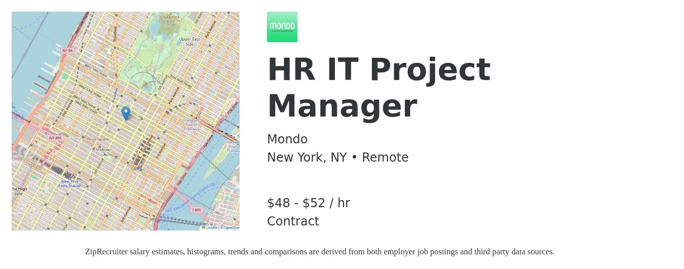 Mondo job posting for a HR IT Project Manager in New York, NY with a salary of $50 to $55 Hourly with a map of New York location.