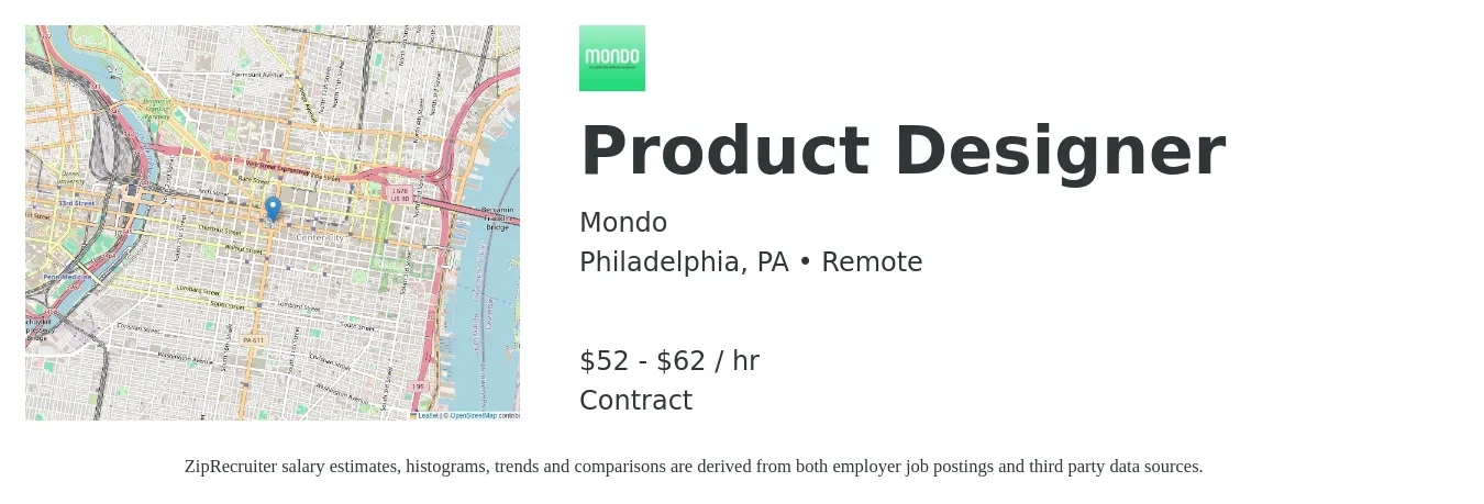Mondo job posting for a Product Designer in Philadelphia, PA with a salary of $55 to $65 Hourly with a map of Philadelphia location.