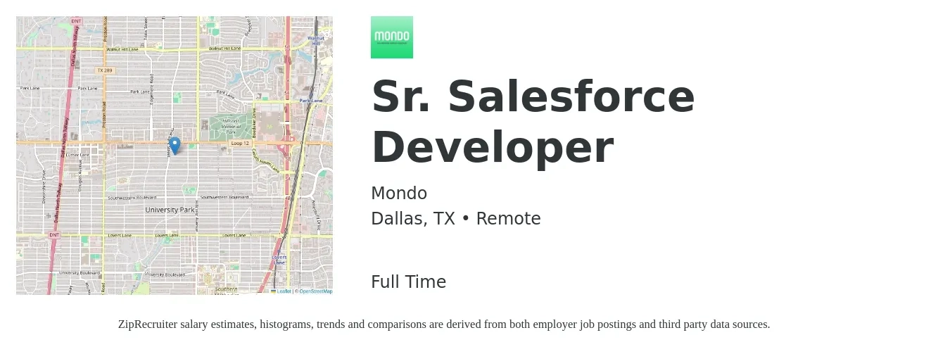 Mondo job posting for a Sr. Salesforce Developer in Dallas, TX with a salary of $150 Daily with a map of Dallas location.