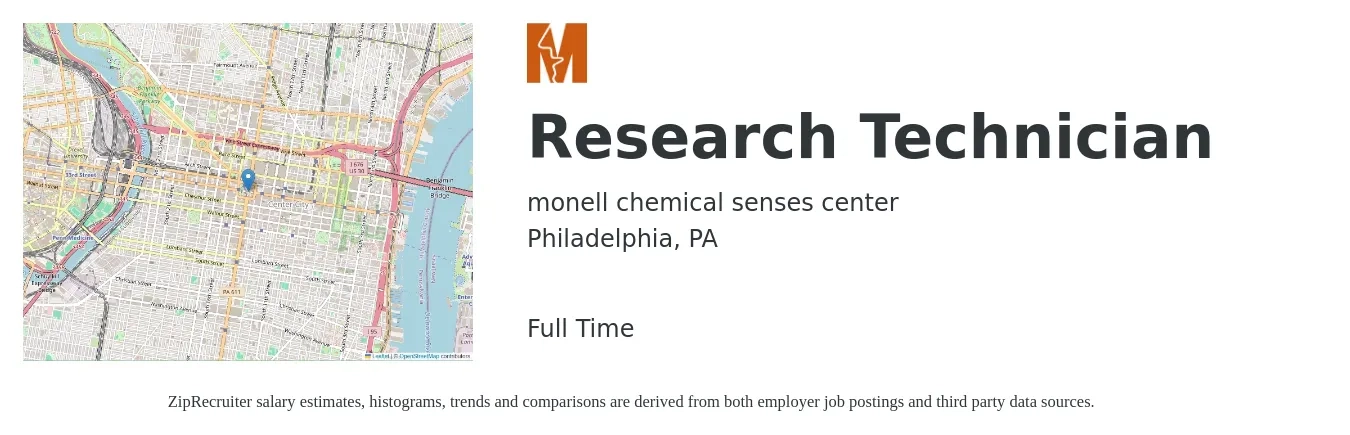 monell chemical senses center job posting for a Research Technician in Philadelphia, PA with a salary of $18 to $25 Hourly with a map of Philadelphia location.