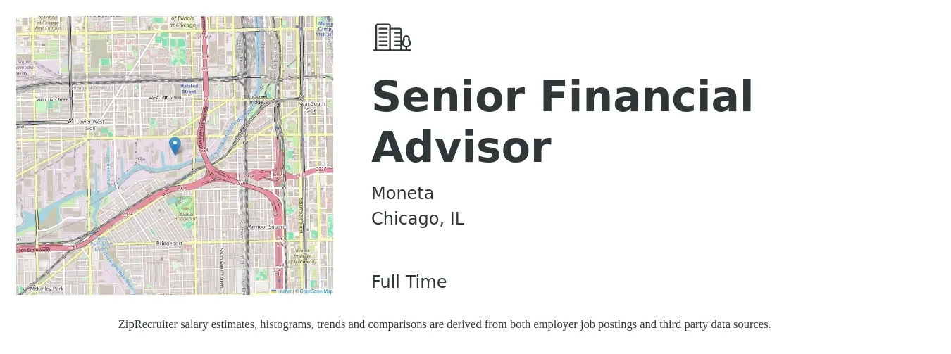 Moneta job posting for a Senior Financial Advisor in Chicago, IL with a salary of $77,300 to $135,000 Yearly with a map of Chicago location.