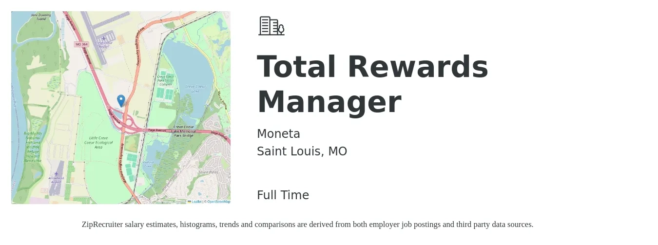 Moneta job posting for a Total Rewards Manager in Saint Louis, MO with a salary of $74,400 to $100,600 Yearly with a map of Saint Louis location.