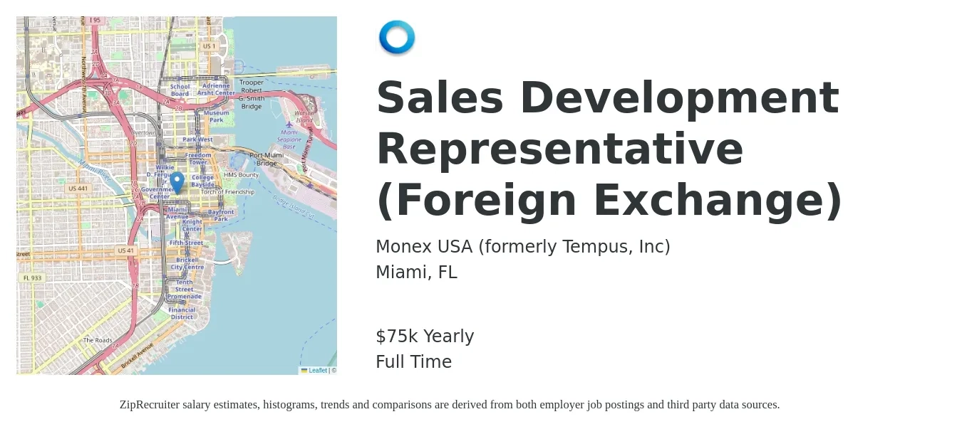 Monex USA (formerly Tempus, Inc) job posting for a Sales Development Representative (Foreign Exchange) in Miami, FL with a salary of $50,000 to $65,000 Yearly with a map of Miami location.