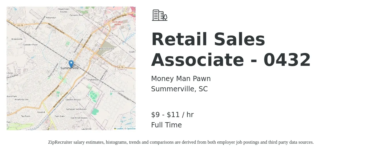 Money Man Pawn job posting for a Retail Sales Associate - 0432 in Summerville, SC with a salary of $10 to $12 Hourly with a map of Summerville location.