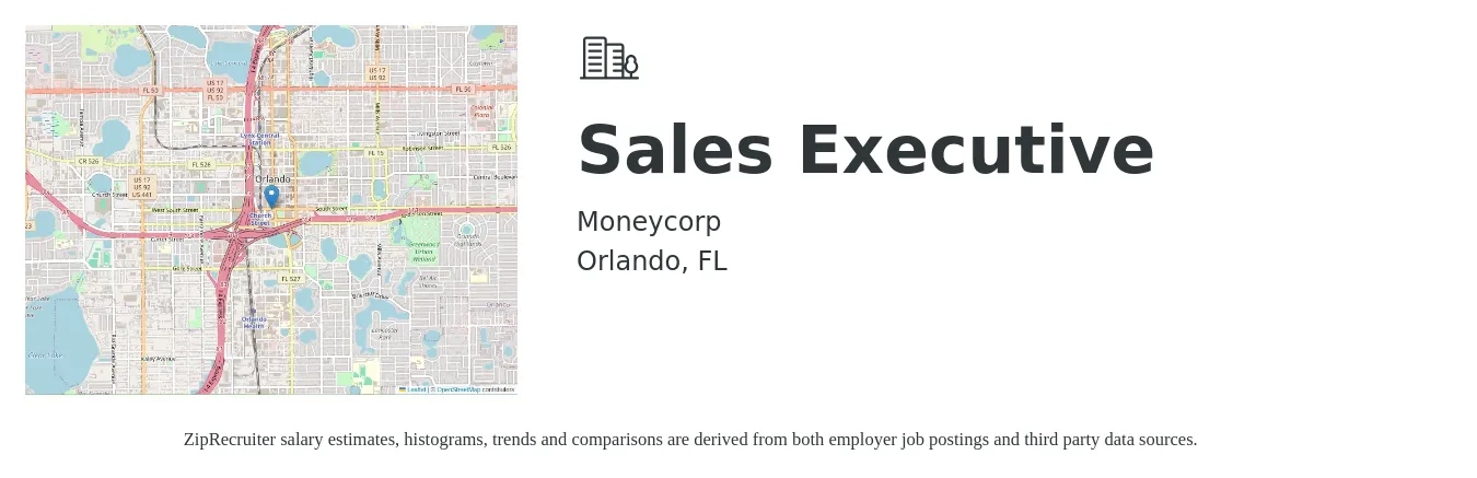 Moneycorp job posting for a Sales Executive in Orlando, FL with a salary of $53,200 to $91,500 Yearly with a map of Orlando location.