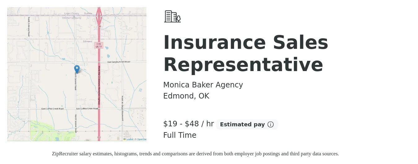 Monica Baker Agency job posting for a Insurance Sales Representative in Edmond, OK with a salary of $20 to $50 Hourly with a map of Edmond location.