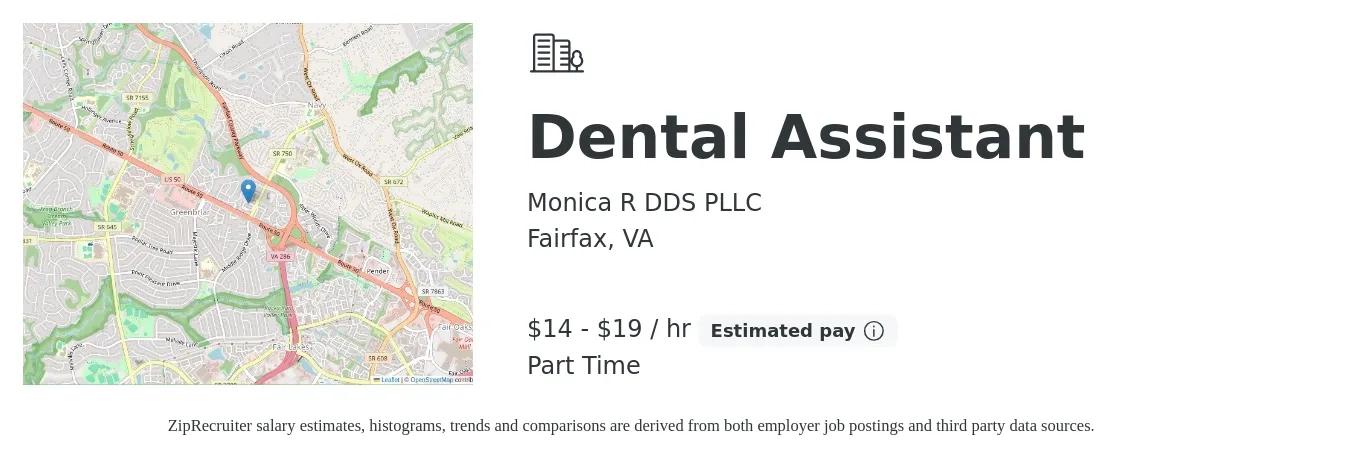Monica R DDS PLLC job posting for a Dental Assistant in Fairfax, VA with a salary of $15 to $20 Hourly with a map of Fairfax location.