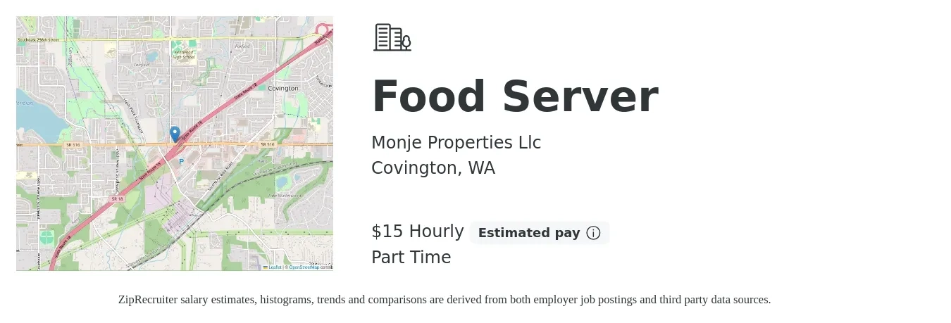 Monje Properties Llc job posting for a Food Server in Covington, WA with a salary of $16 to $16 Hourly with a map of Covington location.