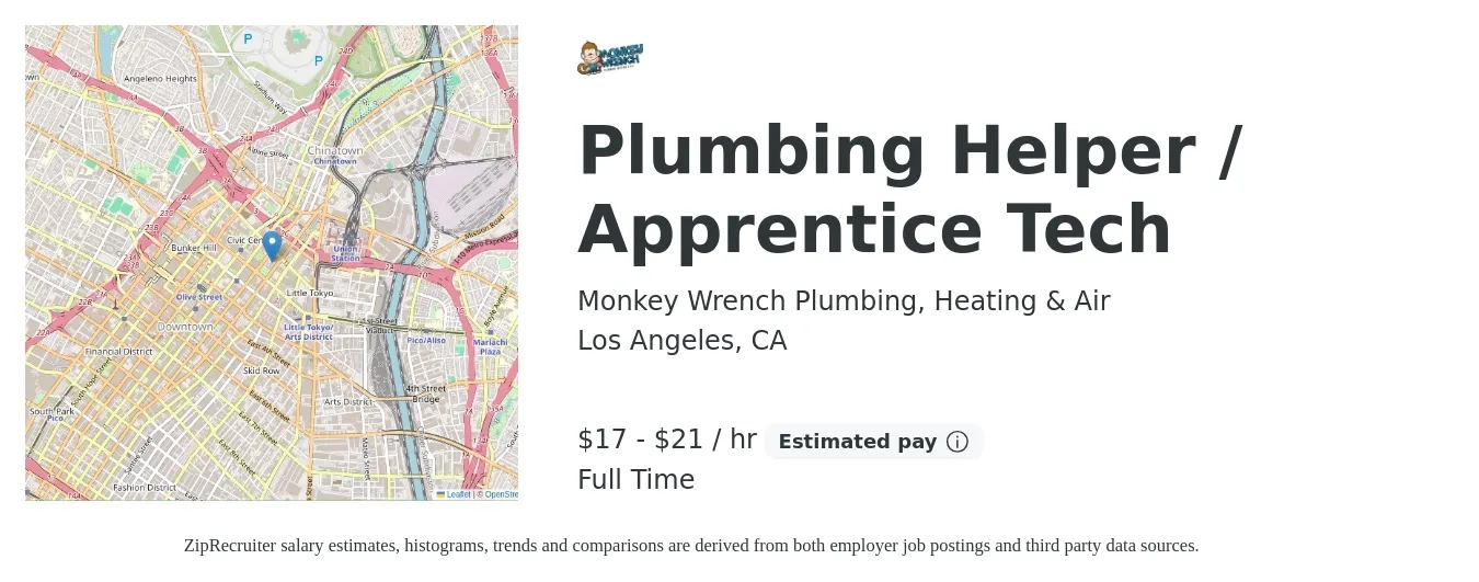 Monkey Wrench Plumbing, Heating & Air job posting for a Plumbing Helper / Apprentice Tech in Los Angeles, CA with a salary of $18 to $22 Hourly with a map of Los Angeles location.