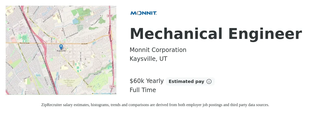 Monnit Corporation job posting for a Mechanical Engineer in Kaysville, UT with a salary of $60,000 Yearly with a map of Kaysville location.