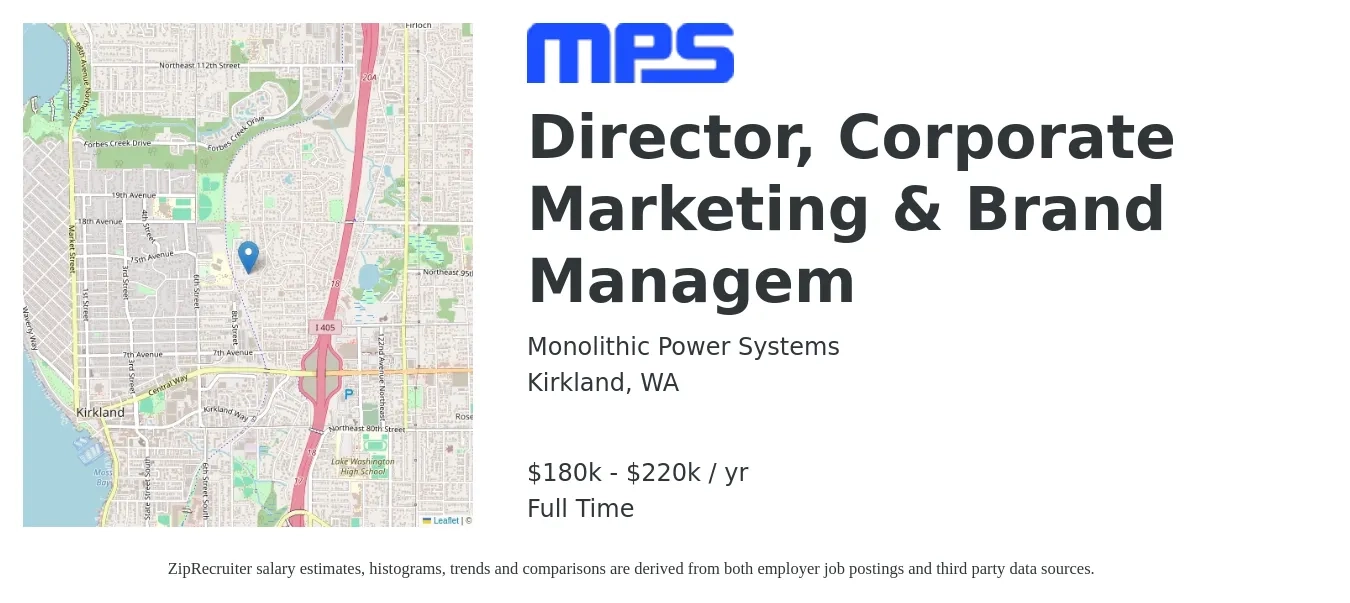 Monolithic Power Systems job posting for a Director, Corporate Marketing & Brand Managem in Kirkland, WA with a salary of $180,000 to $220,000 Yearly with a map of Kirkland location.