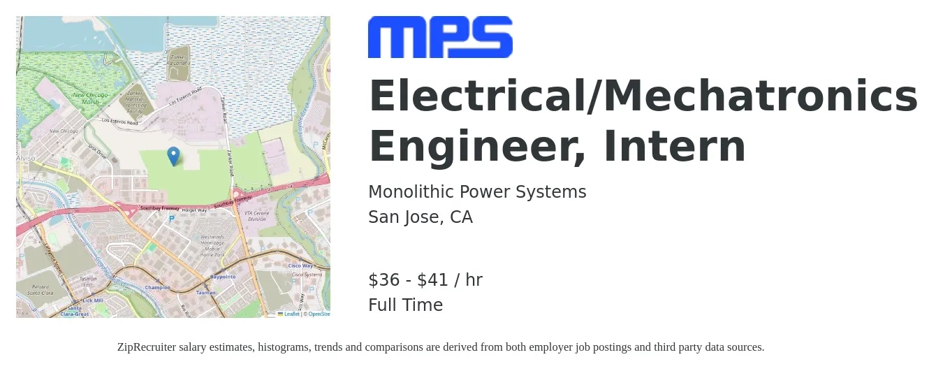 Monolithic Power Systems job posting for a Electrical/Mechatronics Engineer, Intern in San Jose, CA with a salary of $38 to $43 Hourly with a map of San Jose location.