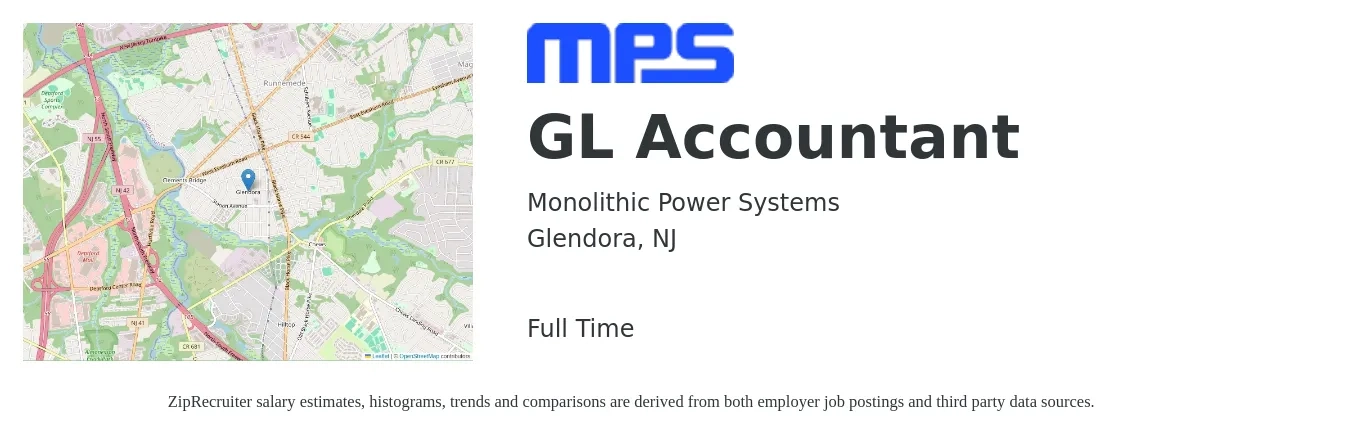 Monolithic Power Systems job posting for a GL Accountant in Glendora, NJ with a salary of $52,000 to $71,200 Yearly with a map of Glendora location.