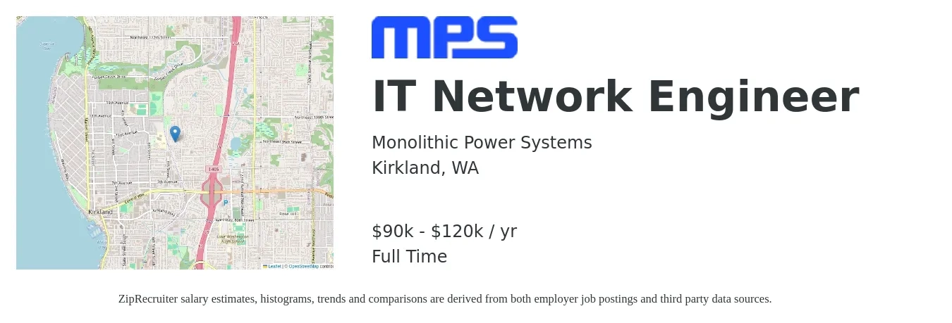 Monolithic Power Systems job posting for a IT Network Engineer in Kirkland, WA with a salary of $90,000 to $120,000 Yearly with a map of Kirkland location.