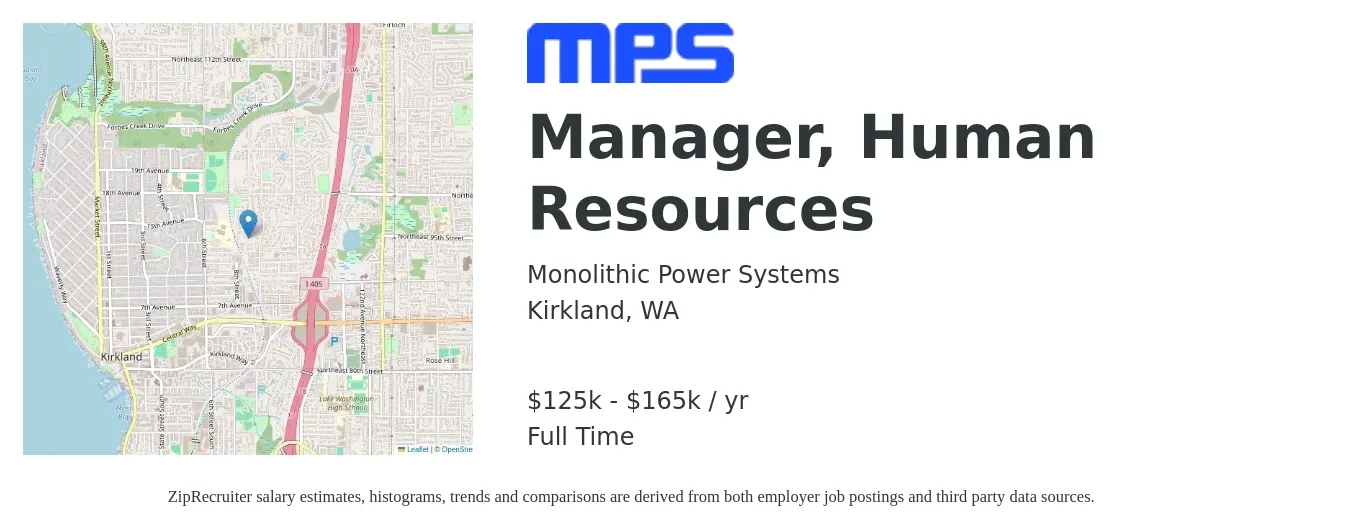 Monolithic Power Systems job posting for a Manager, Human Resources in Kirkland, WA with a salary of $125,000 to $165,000 Yearly with a map of Kirkland location.