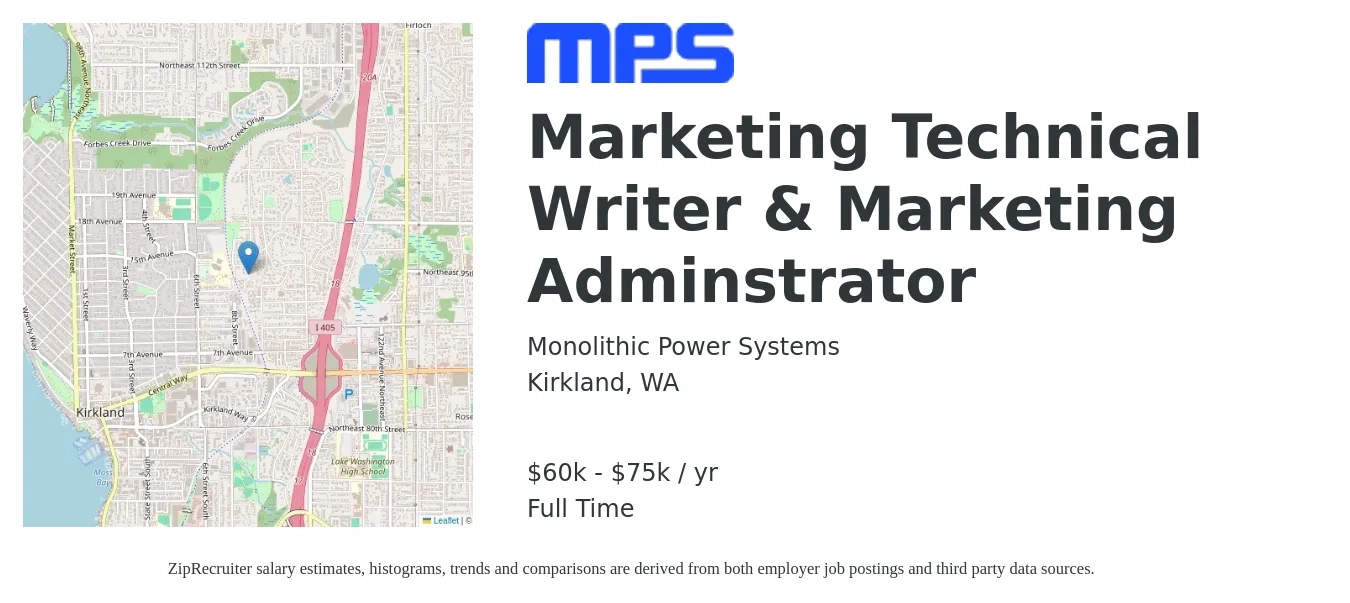 Monolithic Power Systems job posting for a Marketing Technical Writer & Marketing Adminstrator in Kirkland, WA with a salary of $60,000 to $75,000 Yearly with a map of Kirkland location.