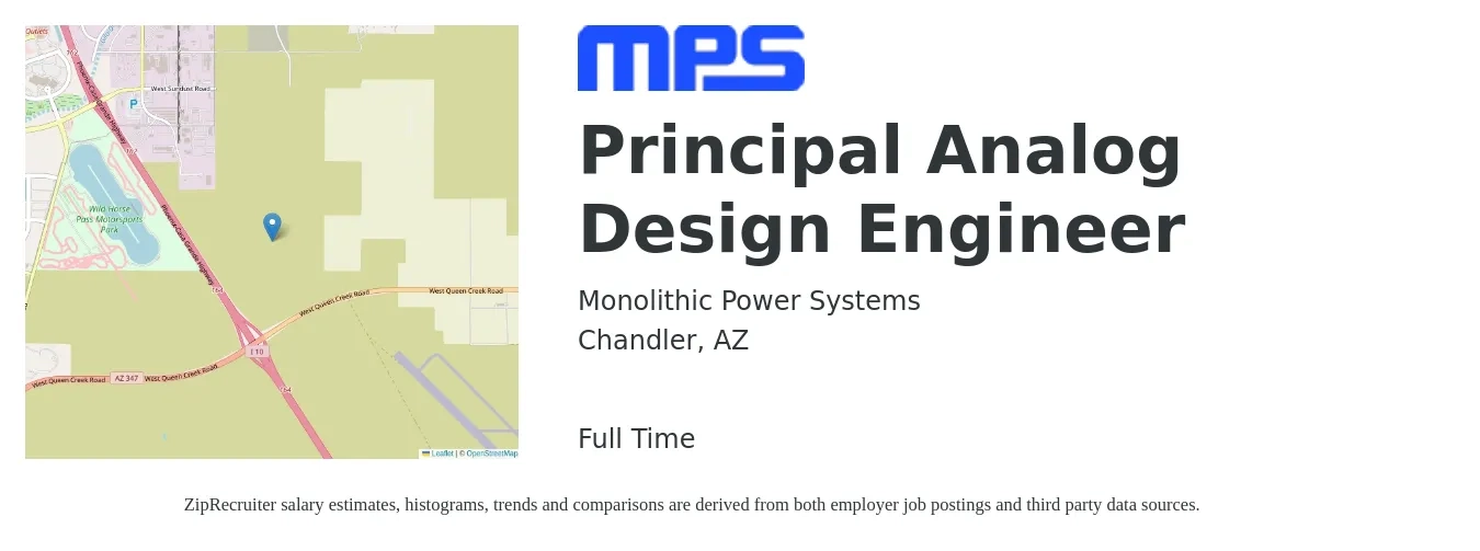 Monolithic Power Systems job posting for a Principal Analog Design Engineer in Chandler, AZ with a salary of $194,900 Yearly with a map of Chandler location.