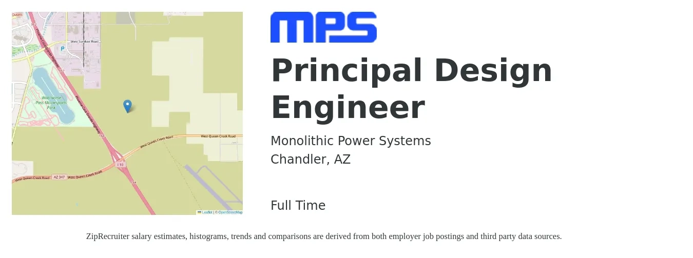 Monolithic Power Systems job posting for a Principal Design Engineer in Chandler, AZ with a salary of $114,300 to $166,900 Yearly with a map of Chandler location.