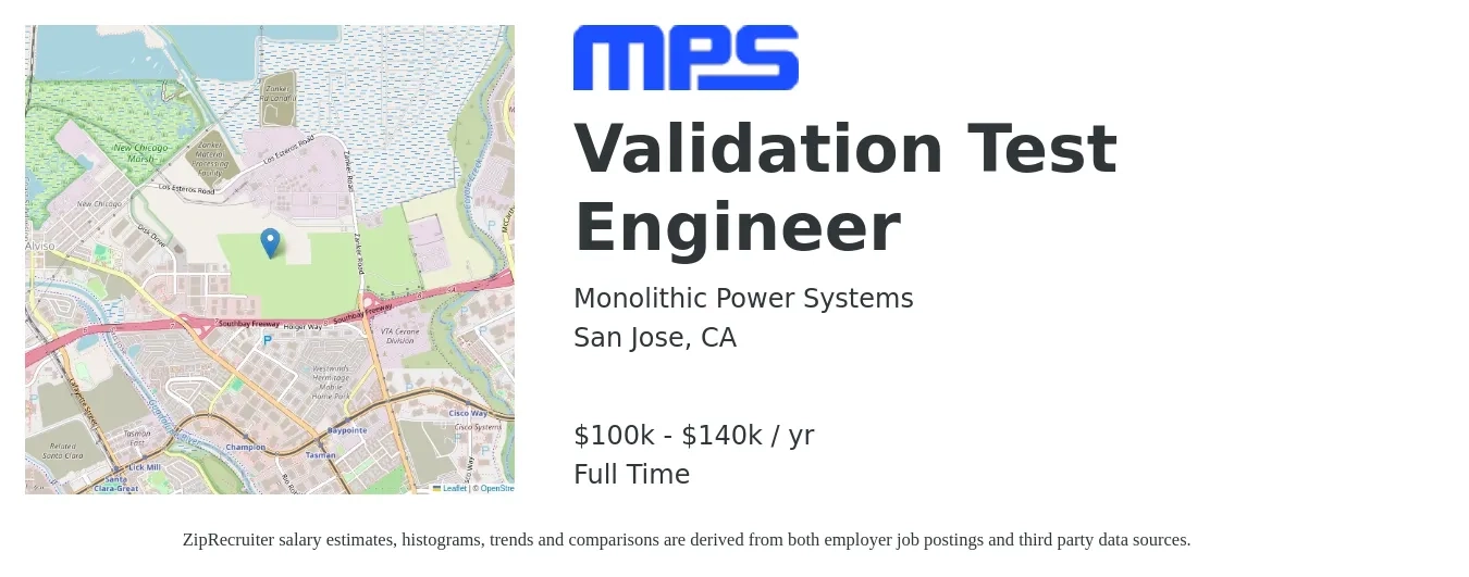 Monolithic Power Systems job posting for a Validation Test Engineer in San Jose, CA with a salary of $100,000 to $140,000 Yearly with a map of San Jose location.