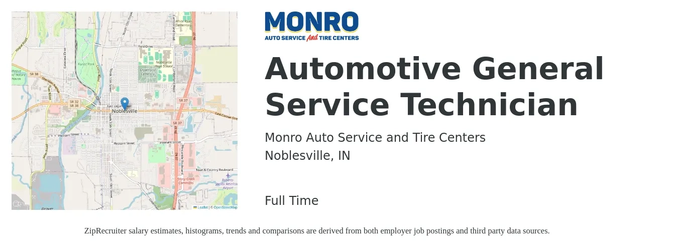 Monro Auto Service and Tire Centers job posting for a Automotive General Service Technician in Noblesville, IN with a salary of $16 to $19 Hourly with a map of Noblesville location.
