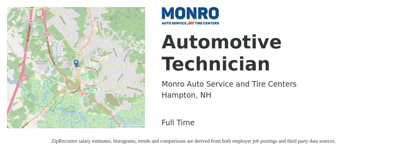 Monro Auto Service and Tire Centers job posting for a Automotive Technician in Hampton, NH with a salary of $22 to $36 Hourly with a map of Hampton location.