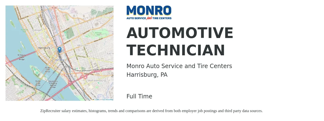 Monro Auto Service and Tire Centers job posting for a Automotive Technician in Harrisburg, PA with a salary of $22 to $34 Hourly with a map of Harrisburg location.