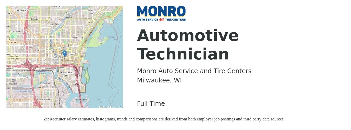 Monro Auto Service and Tire Centers job posting for a Automotive Technician in Milwaukee, WI with a salary of $22 to $34 Hourly with a map of Milwaukee location.